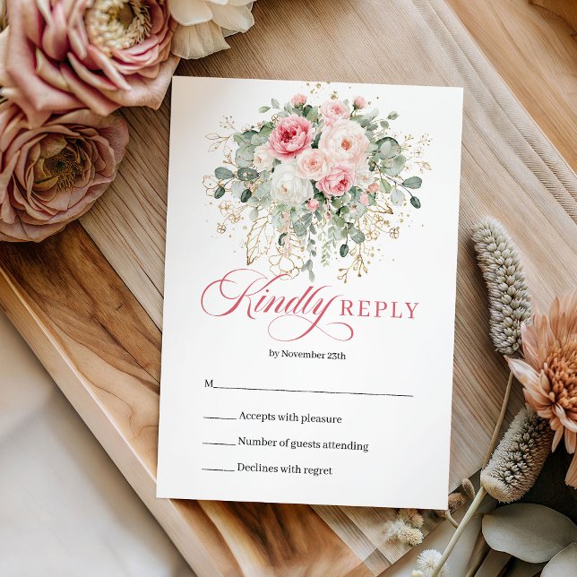 Timeless Blush Roses Greenery Gold Wedding RSVP Card (Timeless Blush Roses Greenery Gold Wedding RSVP)