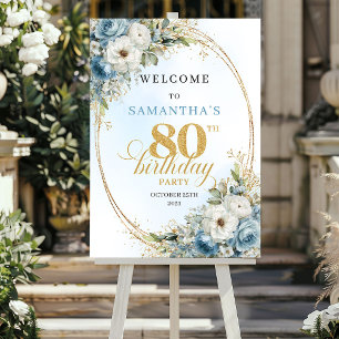 Timeless bohemian blue florals gold 80th birthday  poster