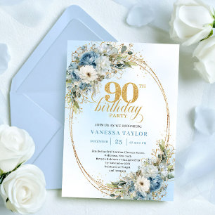 Timeless Bohemian Blue White Flowers 90th Birthday Invitation