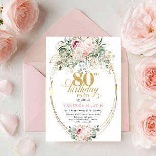 Timeless Bohemian Blush Floral Gold 80th Birthday Invitation