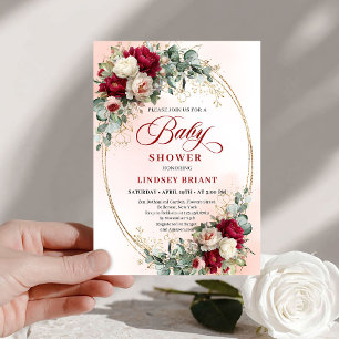 Timeless Bohemian Burgundy Floral Gold Baby Shower Invitation