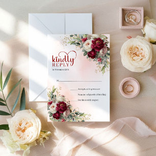 Timeless Bohemian Burgundy White Floral Gold Weddi RSVP Card