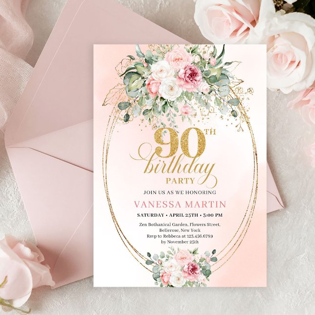 Timeless Boho Blush Rose Boho 90th Birthday Party Invitation (Modern Blush Floral Gold Minimal 90th Birthday Invite)