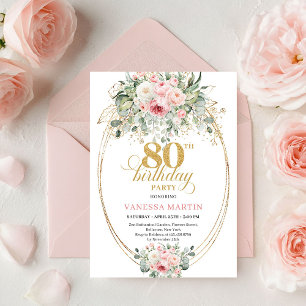 Timeless Boho Blush Roses Minimal 80th Birthday Invitation