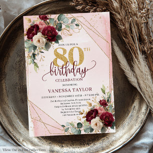 Timeless Boho Burgundy Gold Roses 80th Birthday   Invitation
