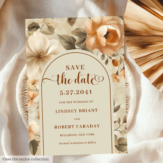 Timeless Boho Copper Beige Floral Save The Date Invitation (Timeless Boho Copper Beige Floral Save The Date)