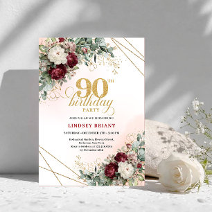 Timeless Boho Deep Red Peonies Gold 90th Birthday Invitation