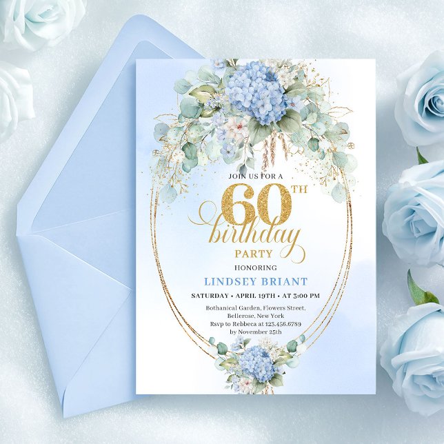Timeless Boho Dusty Blue Flowers Gold 60 Birthday Invitation (Timeless Boho Dusty Blue Flowers Gold 60th Birthday)