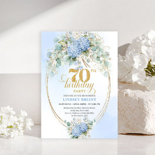 Timeless Boho Soft Blue Floral Gold 70th Birthday Invitation
