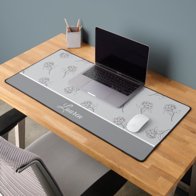 Timeless Botanical Bloom Soft Grey Monogram Desk Mat (Office 2)