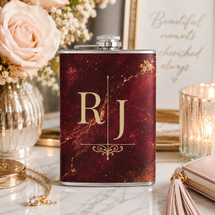 Timeless Burgundy and Gold Marble Monogram Hip Flask