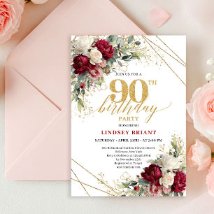 Timeless Burgundy and White Roses 90th Birthday  Invitation