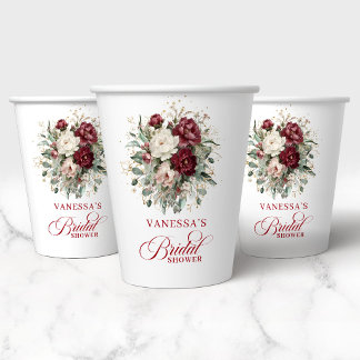 Timeless Burgundy Floral Bridal Shower Paper Cups