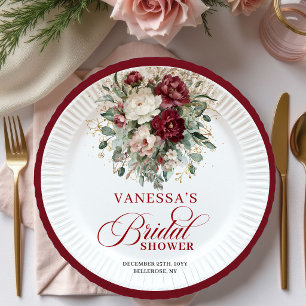 Timeless Burgundy Floral Bridal Shower Paper Plate
