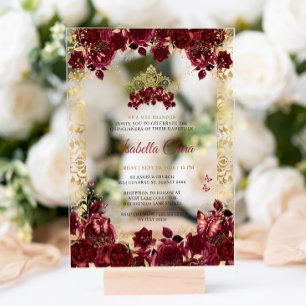 Timeless Burgundy Floral Gold Arch Quinceanera Acrylic Invitations