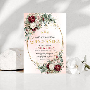 Timeless Burgundy Floral Quinceañera Gold Invite