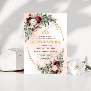 Timeless Burgundy Floral Quinceañera Invitation