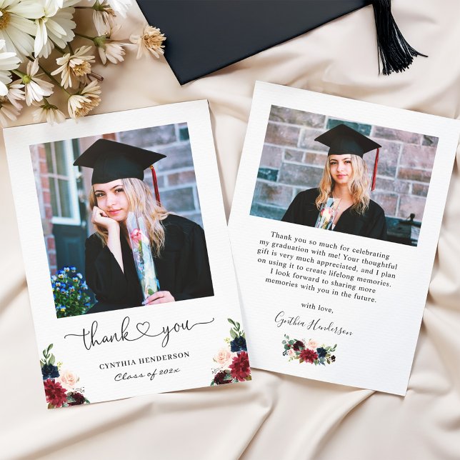 Timeless Burgundy Florals Graduate Photo Thank You Card (Creator Uploaded)