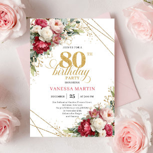 Timeless Burgundy Red Gold 80th Birthday Invite