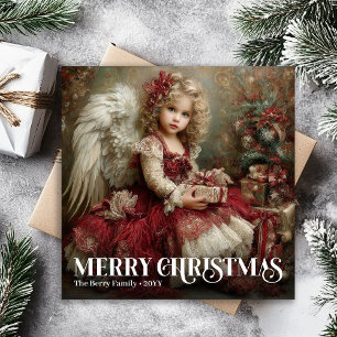 Timeless Burgundy Red Green Victorian Angel Xmas Holiday Card