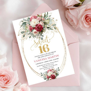Timeless Burgundy White Greenery Sweet Sixteen  Invitation