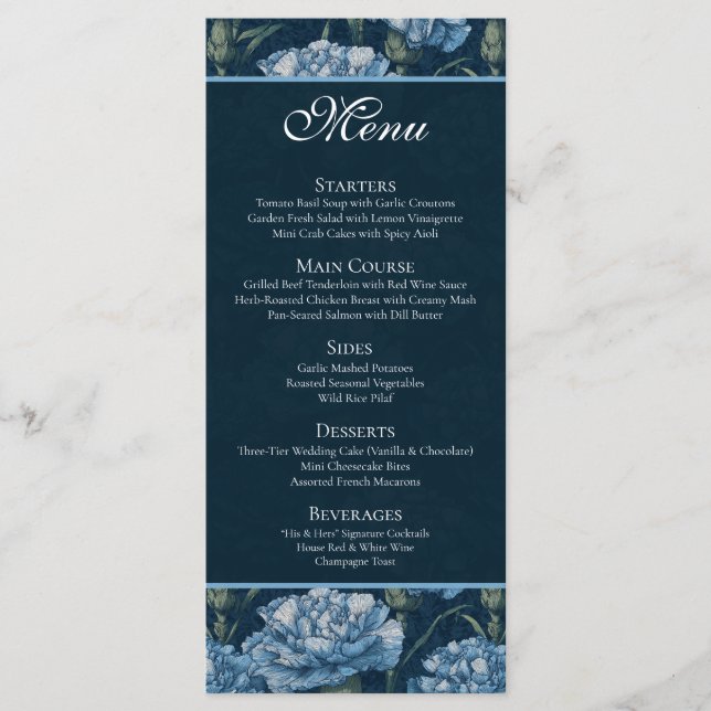 Timeless Carnation Aesthetic Boho Wedding Menu (Front)