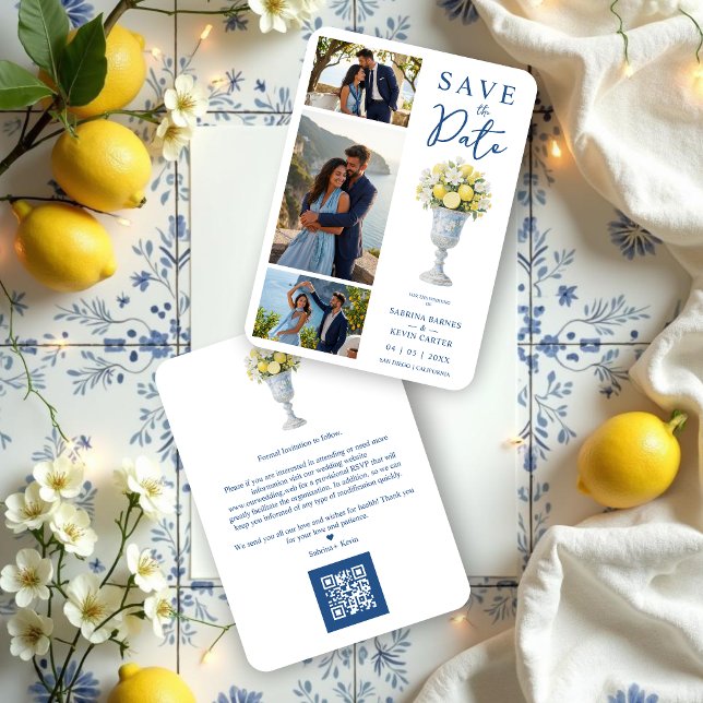 Timeless Chalice Vase Mediterranean Lemons Flowers Save The Date (Classic Chalice Vase with Mediterranean Lemons and Flowers 3-Photo Wedding Save the Date Cards.)