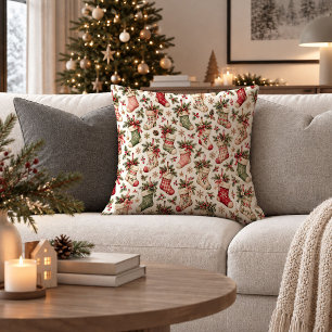 Timeless Christmas Foliage & Stocking Throw Pillow