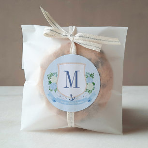 Timeless Coastal Monogram Boy Baby Shower Favour Classic Round Sticker