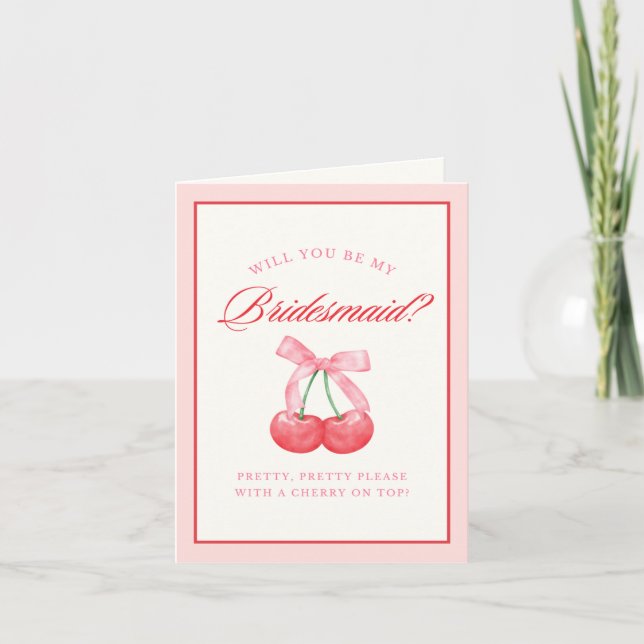 Timeless Coquette Bow Cherry Bridesmaid Proposal Invitation (Front)