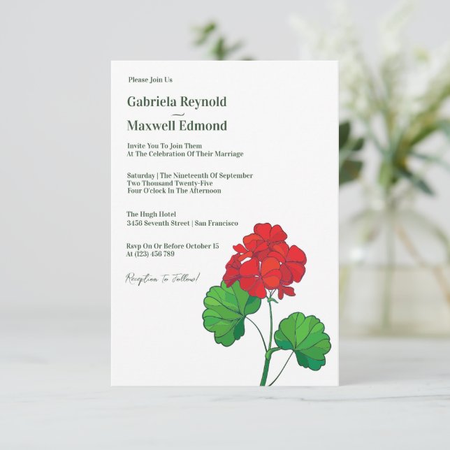 Timeless Customisable Geranium Floral Wedding Invitation (Standing Front)
