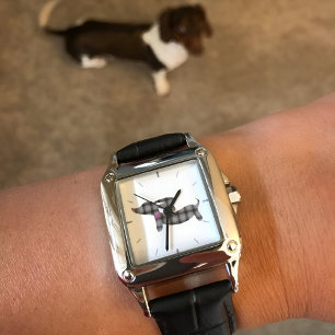 Timeless Dachshund Charm: Grey Plaid Leather Band  Watch