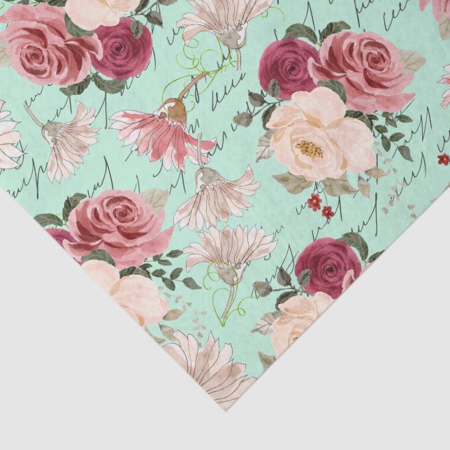 Timeless Dahlia Roses pink blue Decoupaging script Tissue Paper (Detail)