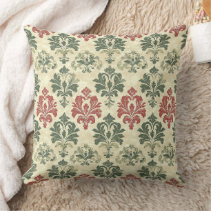 Timeless Damask Red Green Beige Vintage Look Cushion