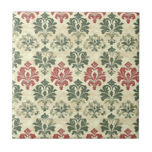 Timeless Damask Red Green Beige Vintage Look Tile