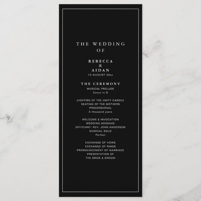 Timeless Dark Black Modern Minimalist Wedding Programme (Front)