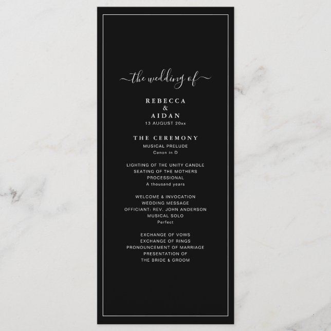 Timeless Dark Black Modern Minimalist Wedding Programme (Front)