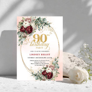 Timeless Deep Red Peonies Greenery 90th Birthday   Invitation