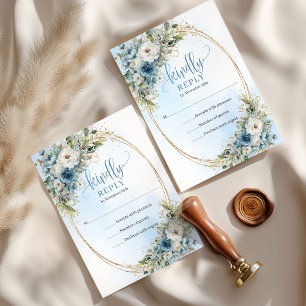 Timeless Dusty Blue Eucalyptus Gold Wedding RSVP Card