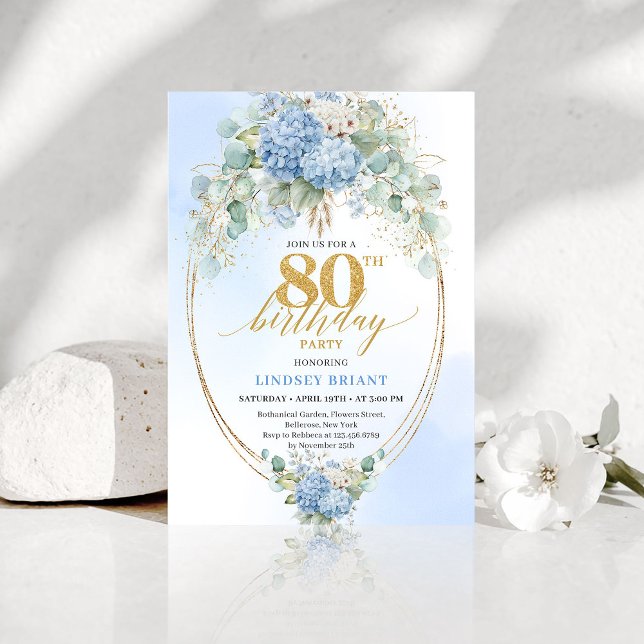 Timeless Dusty Blue Floral 80th Birthday Invite (Timeless Dusty Blue Floral 80th Birthday Invite)