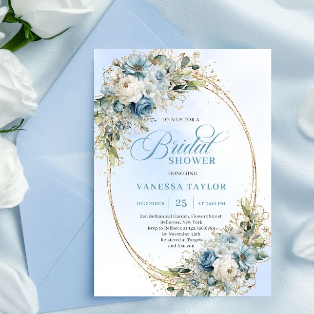 Timeless Dusty Blue Floral Script Bridal Shower  Invitation (Timeless Dusty Blue Floral Script Bridal Shower Invitation)