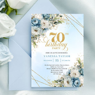 Timeless dusty blue florals gold frame 70 birthday invitation
