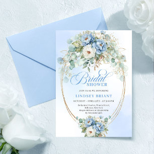 Timeless Dusty Blue Flowers Greenery Bridal Shower Invitation