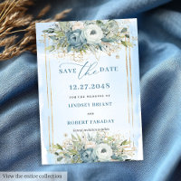 Timeless Dusty Blue White Gold Floral Save Date