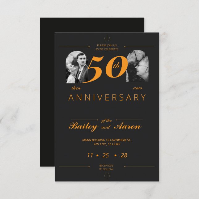 Timeless Elegance Black & Gold Wedding Anniversary Invitation (Front/Back)