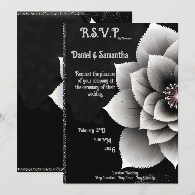 Timeless Elegance: Black & Silver Blossom Wedding  Invitation (Front/Back)