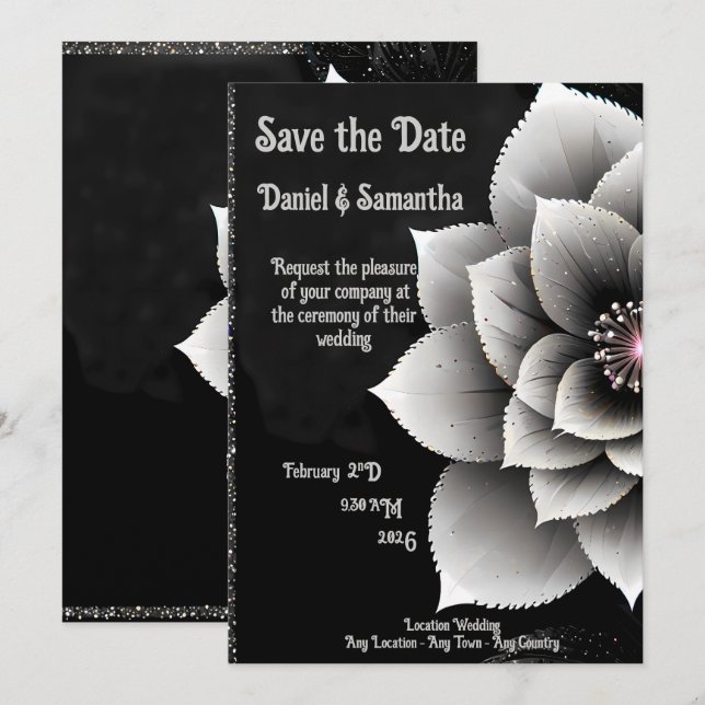 Timeless Elegance: Black & Silver Blossom Wedding  Invitation (Front/Back)