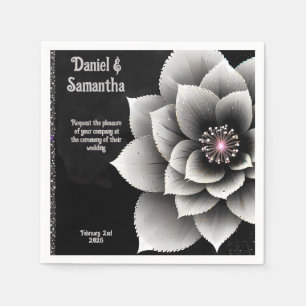 Timeless Elegance: Black & Silver Blossom Wedding  Napkin