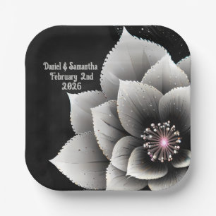 Timeless Elegance: Black & Silver Blossom Wedding Paper Plate