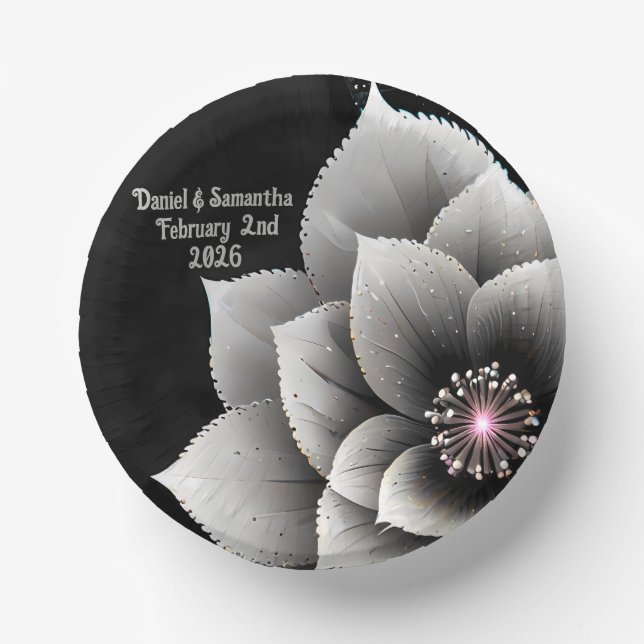 Timeless Elegance: Black & Silver Blossom Wedding  Paper Plate (Front)